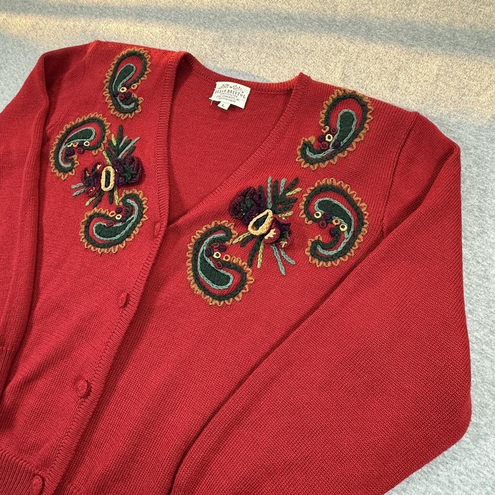 Vtg Susan Bristol Red Mohair Hand Embroidered Floral Paisley Large Cardigan 90s